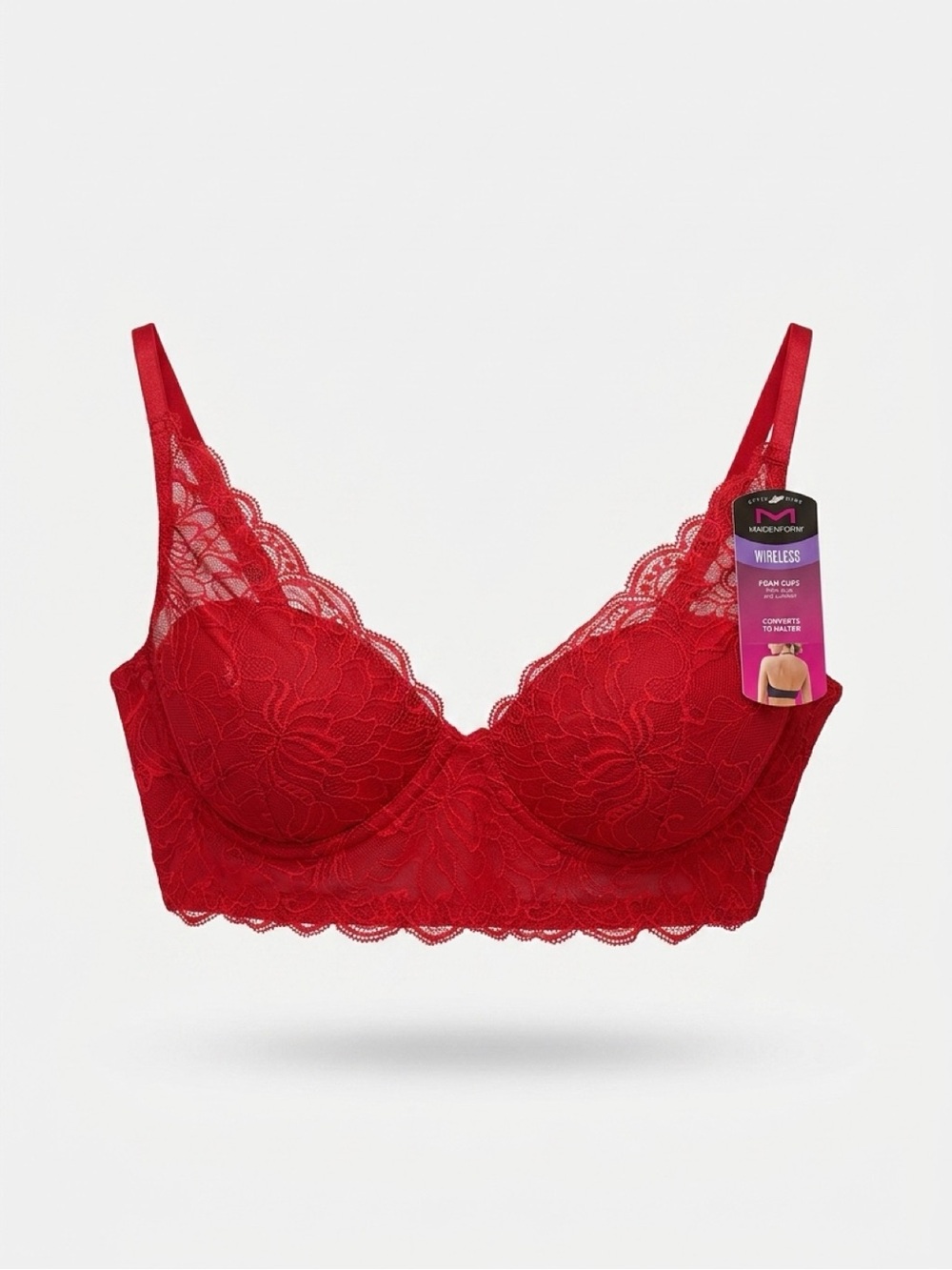 NWT Maidenform Pure Comfort Lace Longline Wireless Bra Red 34C DM1188